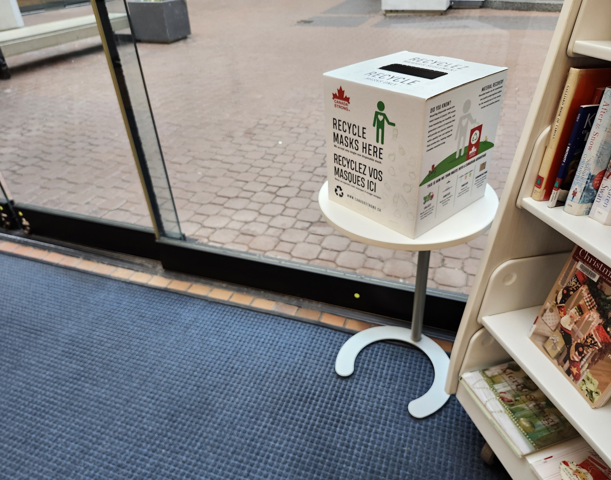 Mask recycling bin at the downtown library